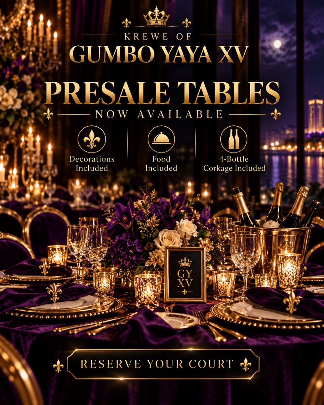 Presale table with purple velvet, candlelight, gold place settings and flowers