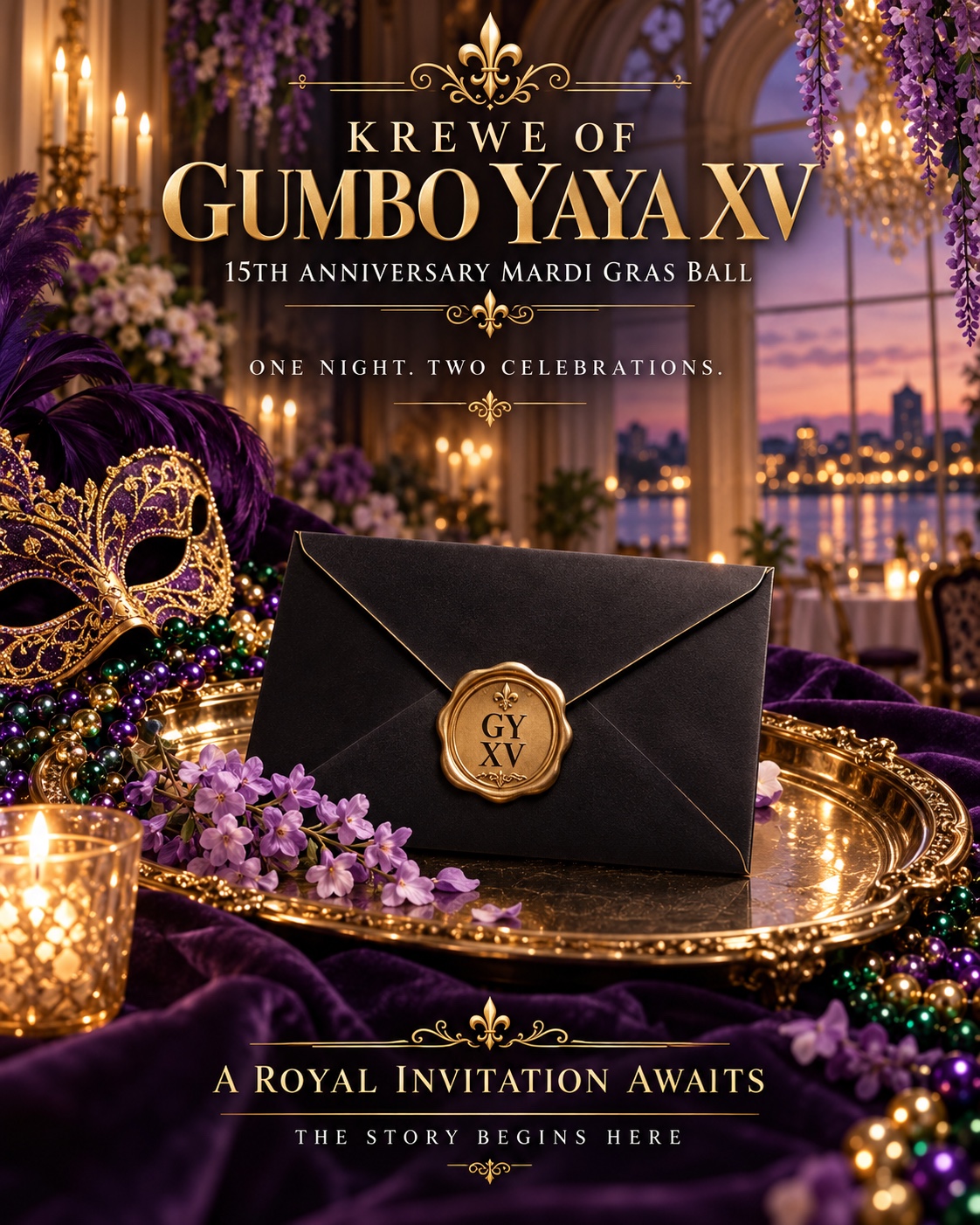 Krewe of Gumbo YaYa XV royal invitation artwork
